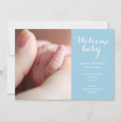 男の赤ちゃんフォトモノグラムブルースクリプト誕生 案内状 (正面)