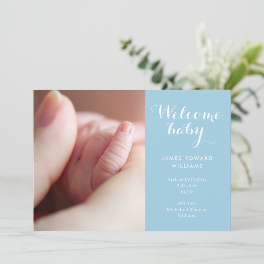 男の赤ちゃんフォトモノグラムブルースクリプト誕生 案内状 (スタンド正面)