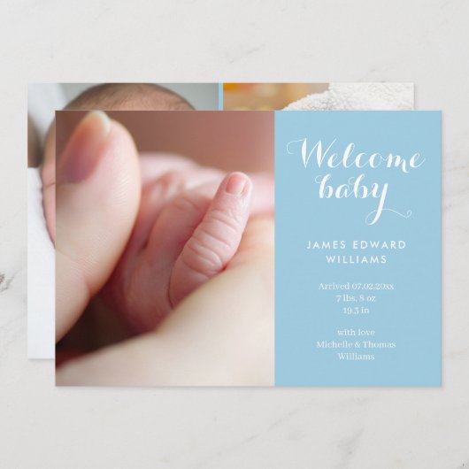 男の赤ちゃんフォトモノグラムブルースクリプト誕生 案内状 (正面/裏面)