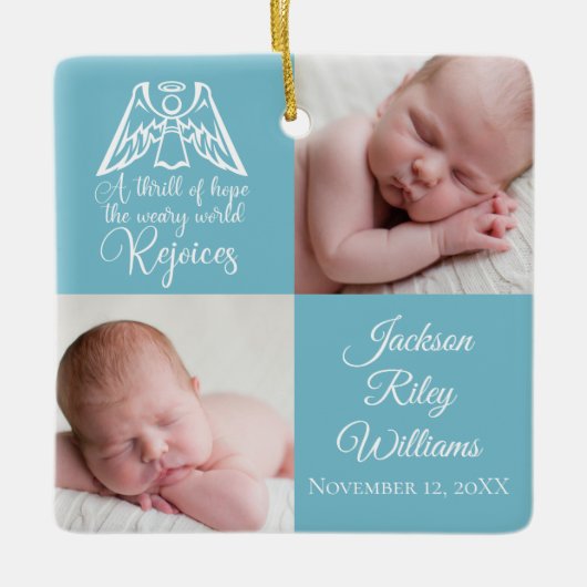 男の赤ちゃんフォトレジョイスエンジェルキュートブルークリスマス セラミックオーナメント (正面)