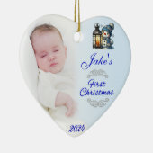 男の赤ちゃんフォト初めてのクリスマスデコレーションブルー セラミックオーナメント (右)