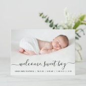 男の赤ちゃんフォト白黒スクリプトハート誕生 案内状 (スタンド正面)