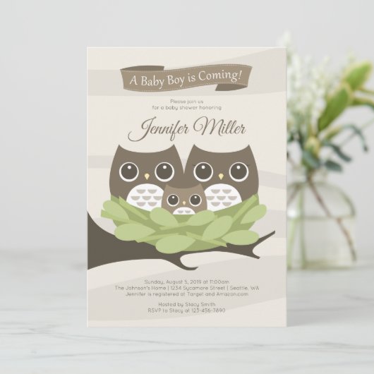 男の赤ちゃんフクロウファミリーベビーシャワー招待状 招待状 (スタンド正面)