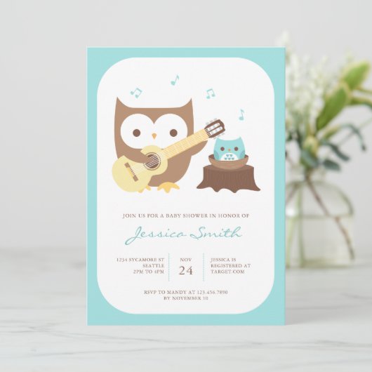 男の赤ちゃんフクロギターベビーシャワー招待状 招待状 (スタンド正面)