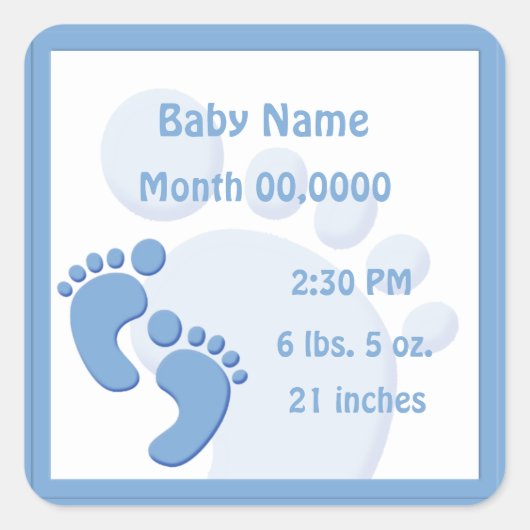 男の赤ちゃんフットプリントリトル足誕生の発表 スクエアシール (正面)