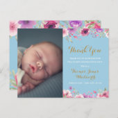男の赤ちゃんフローラスクリプト写真ありがとう誕生 案内ポストカード (正面/裏面)