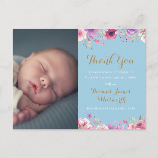 男の赤ちゃんフローラスクリプト写真ありがとう誕生 案内ポストカード (正面)