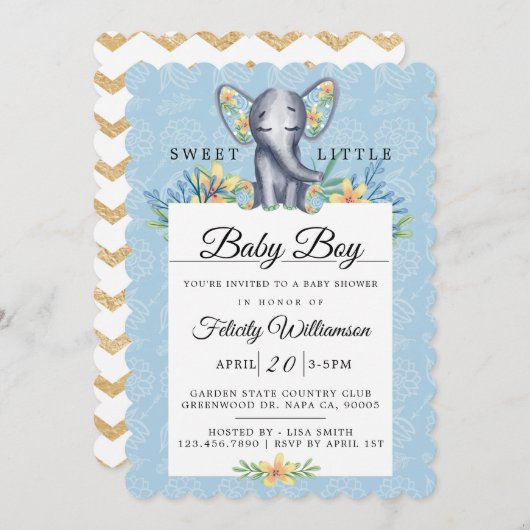 男の赤ちゃんフローラゾウ赤ちゃんシャワー招待状 招待状 (正面/裏面)