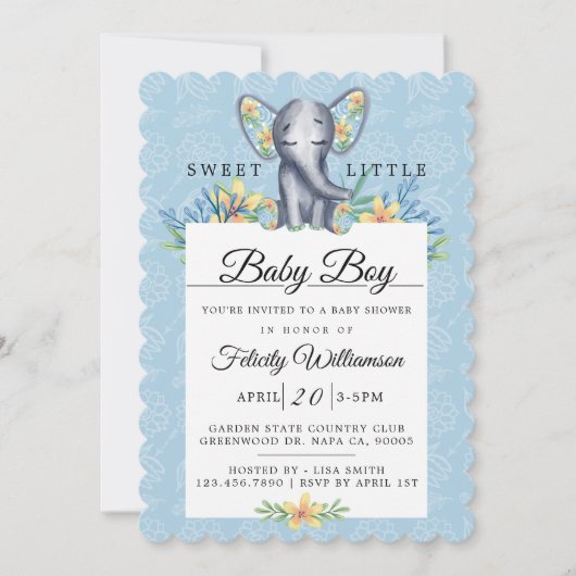 男の赤ちゃんフローラゾウ赤ちゃんシャワー招待状 招待状 (正面)