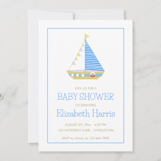 男の赤ちゃんブルーと白の帆船ベビーシャワー 招待状 (正面)