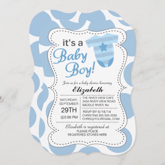 男の赤ちゃんブルーのボディスーツ男の子赤ちゃんシャワー 招待状 (正面/裏面)