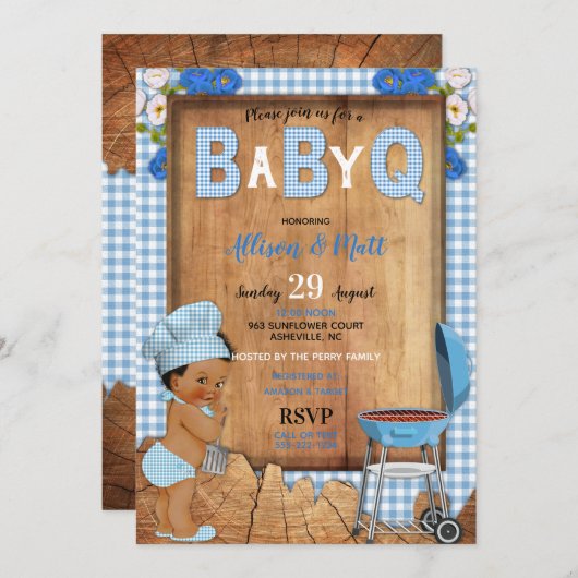 男の赤ちゃんブルーギンガムウッドフラワーズベビーQバーベキュー 招待状 (正面/裏面)