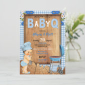 男の赤ちゃんブルーギンガムウッドフラワーズベビーQバーベキュー 招待状 (スタンド正面)