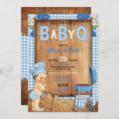 男の赤ちゃんブルーギンガムウッドフラワーズベビーQバーベキュー 招待状 (正面/裏面)