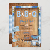 男の赤ちゃんブルーギンガムウッドフラワーズベビーQバーベキュー 招待状 (正面/裏面)