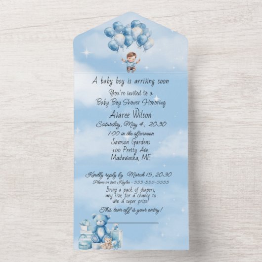 男の赤ちゃんブルークラウドバルーンシャワー招待状 オールインワン招待状 (内側)