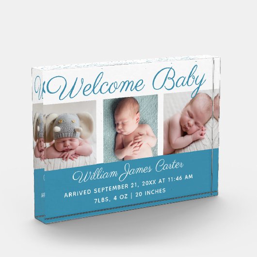 男の赤ちゃんブルーコラージュ可愛い筆記体 フォトブロック (左)