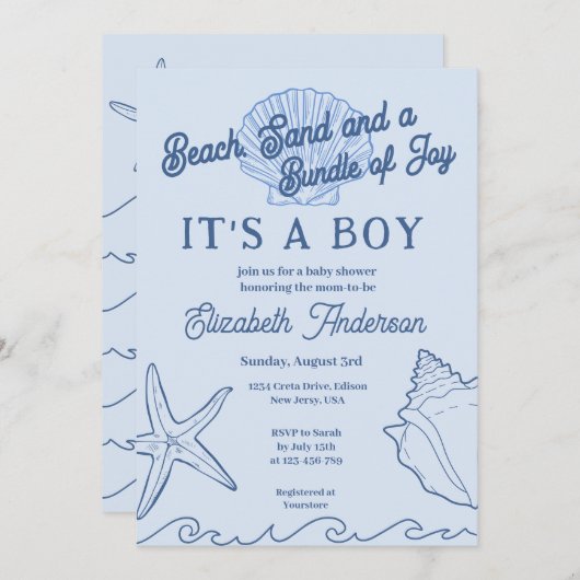 男の赤ちゃんブルーサマーベビーシャワービーチ 招待状 (正面/裏面)