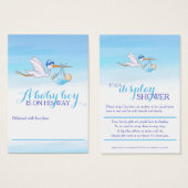 男の赤ちゃんブルーシャワーディスプレイカード付きコウノトリ (正面&裏面)