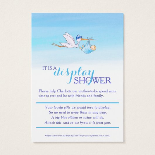 男の赤ちゃんブルーシャワーディスプレイカード付きコウノトリ (裏面)