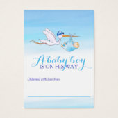 男の赤ちゃんブルーシャワーディスプレイカード付きコウノトリ (正面)