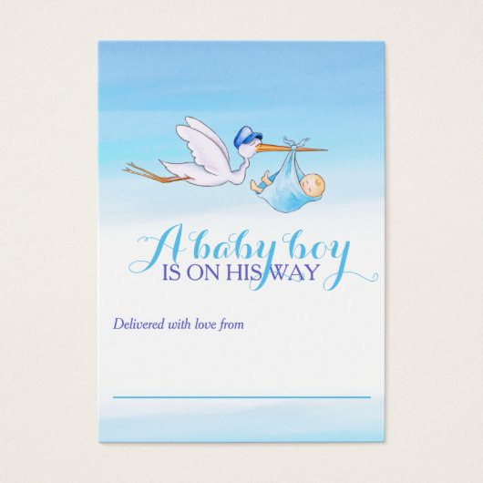 男の赤ちゃんブルーシャワーディスプレイカード付きコウノトリ (正面)