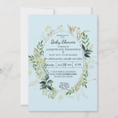 男の赤ちゃんブルーシャワー水色ユーカリ葉 招待状 (正面)