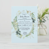 男の赤ちゃんブルーシャワー水色ユーカリ葉 招待状 (スタンド正面)