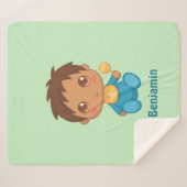 男の赤ちゃんブルージャンプスーツ名前をカスタムするグリーン シェルパブランケット (正面(横))