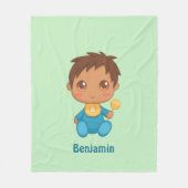 男の赤ちゃんブルージャンプスーツ名前をカスタムするグリーン フリースブランケット (正面)