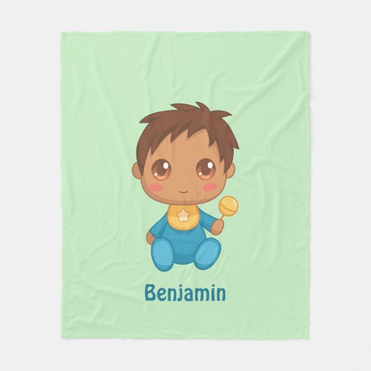 男の赤ちゃんブルージャンプスーツ名前をカスタムするグリーン フリースブランケット (正面)