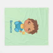 男の赤ちゃんブルージャンプスーツ名前をカスタムするグリーン フリースブランケット (正面(横))