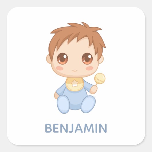 男の赤ちゃんブルージャンプスーツ名前をカスタムする スクエアシール (正面)