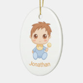 男の赤ちゃんブルージャンプスーツ、名前をカスタムする、写真 セラミックオーナメント (左)