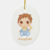 男の赤ちゃんブルージャンプスーツ、名前をカスタムする、写真 セラミックオーナメント (正面)
