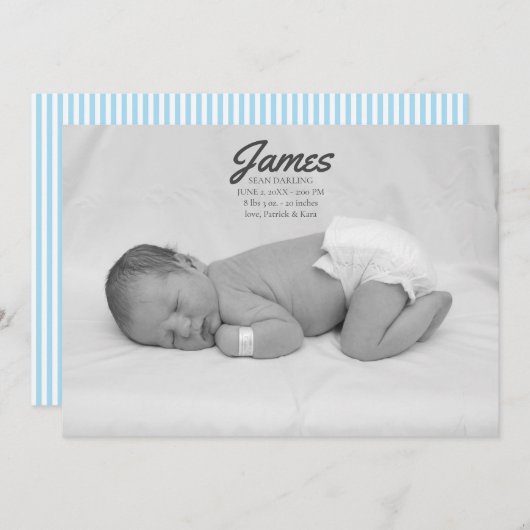 男の赤ちゃんブルーストライプの誕生発表 招待状 (正面/裏面)