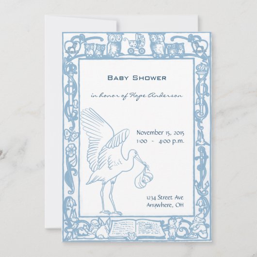 男の赤ちゃんブルーストーク&フクロウ縁どシャワー 招待状 (正面)