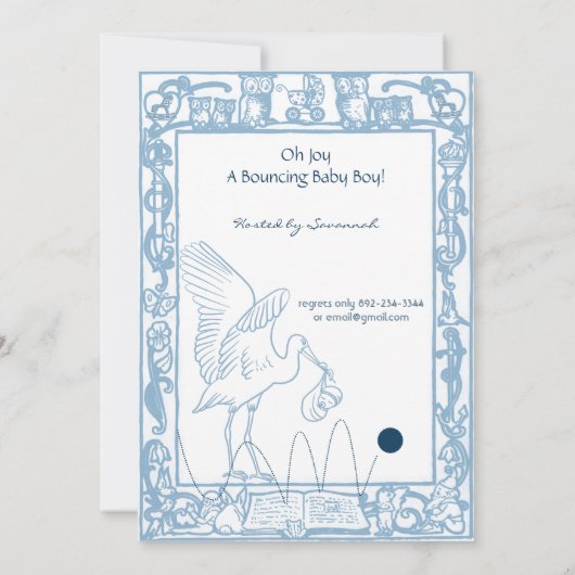 男の赤ちゃんブルーストーク&フクロウ縁どシャワー 招待状 (裏面)