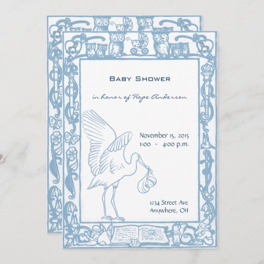 男の赤ちゃんブルーストーク&フクロウ縁どシャワー 招待状 (正面/裏面)