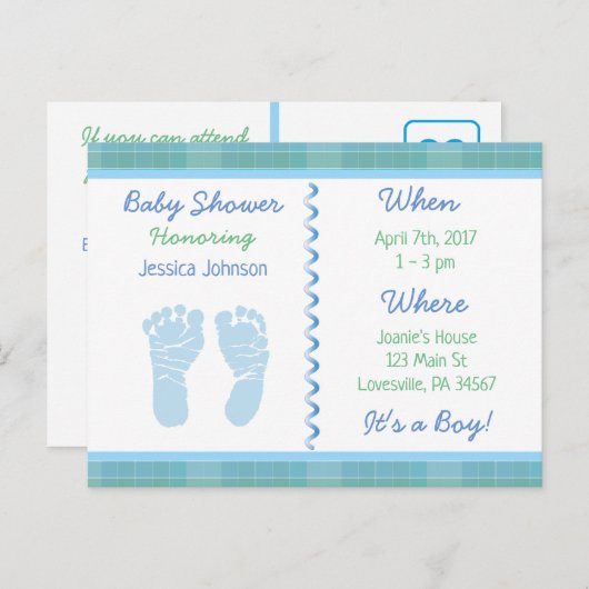 男の赤ちゃんブルーセージ緑ベビーシャワー招待状 インビテーションポストカード (正面/裏面)