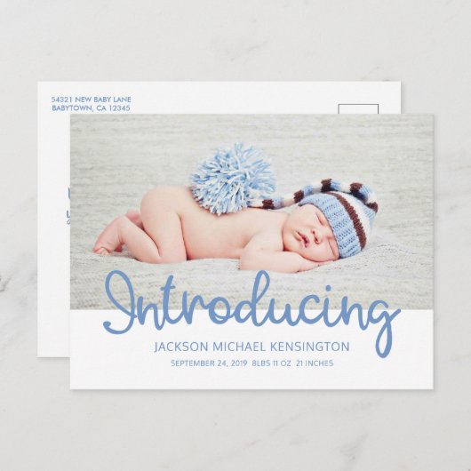 男の赤ちゃんブルータイポグラフィ写真の紹介 案内ポストカード (正面/裏面)