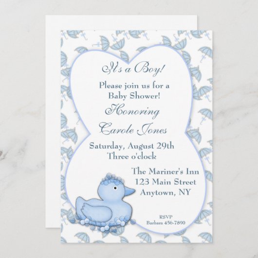 男の赤ちゃんブルーダックシャワー 招待状 (正面/裏面)