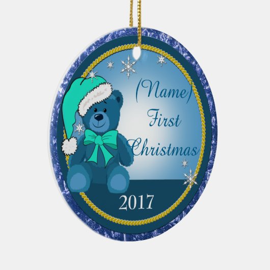 男の赤ちゃんブルーテディベアパーソナライズされたクリスマス セラミックオーナメント (右)