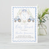 男の赤ちゃんブルートラクターシャワーモノグラムクレスト 招待状 (スタンド正面)