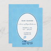 男の赤ちゃんブルードットトレインシャワー発表 招待状 (正面/裏面)