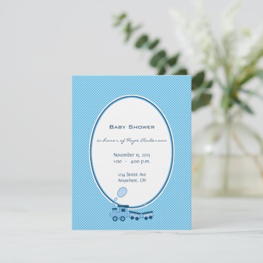 男の赤ちゃんブルードットトレインシャワー発表 招待状 (スタンド正面)