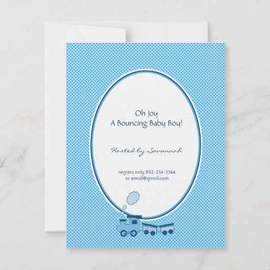 男の赤ちゃんブルードットトレインシャワー発表 招待状 (裏面)