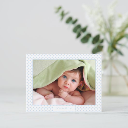 男の赤ちゃんブルードットベビー写真発表 案内状 (スタンド正面)