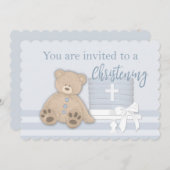男の赤ちゃんブルーバプテスマ招待状ケーキテディベア 招待状 (正面/裏面)