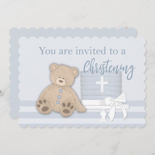 男の赤ちゃんブルーバプテスマ招待状ケーキテディベア 招待状 (正面/裏面)